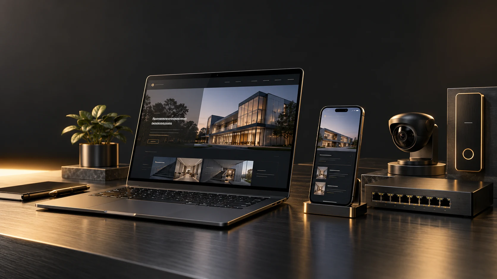 Cinematic technology workspace with a laptop, smartphone, network switch, security camera and access reader